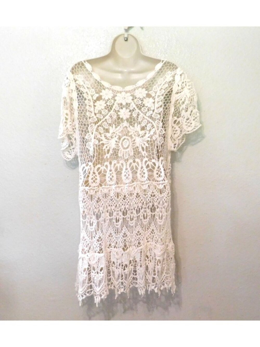 Crochet Lace Tunic Top Womens XL Cream Short Sleeves Boho Style - Picture 4 of 8